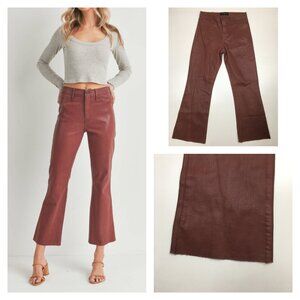 NWOT JUST BLACK DENIM Faux Pockets Coated Brick Cropped Kick Flare Raw Hem Jeans